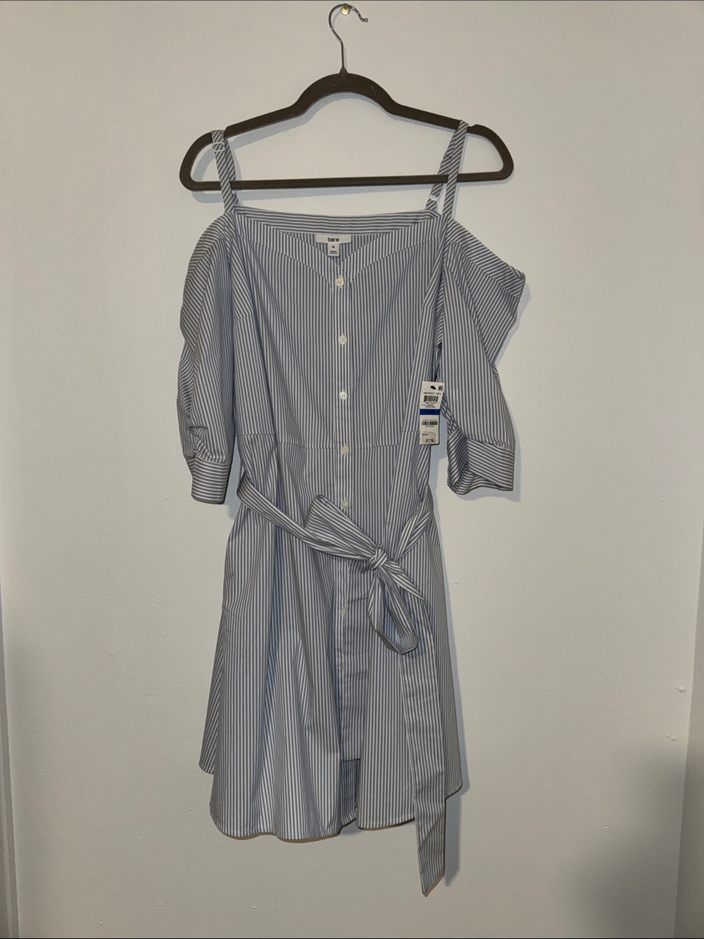 Bar III Blue and White Striped Off-Shoulder Shirt Dress, Size XL